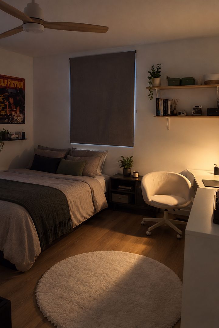 Chambre : lit, bureau, étagères murales et ventilateur de plafond. Photo retouchée par IA à la demande des clients : certains effets personnels ont été retirés.